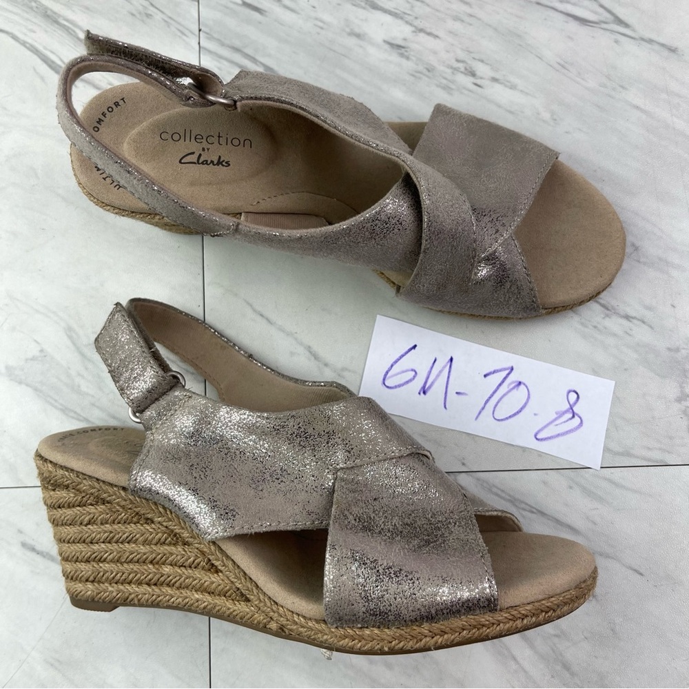 Clarks Women's 6 M Lafley Alaine Sandal Wedge Slingback Tan Metallic Shoes